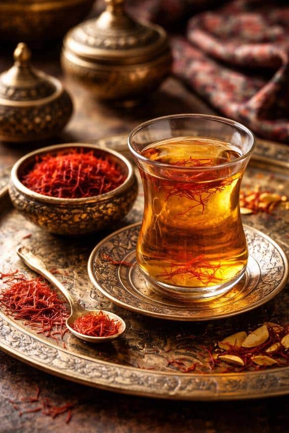Traditional Persian saffron tea prepared with premium Pushal saffron threads