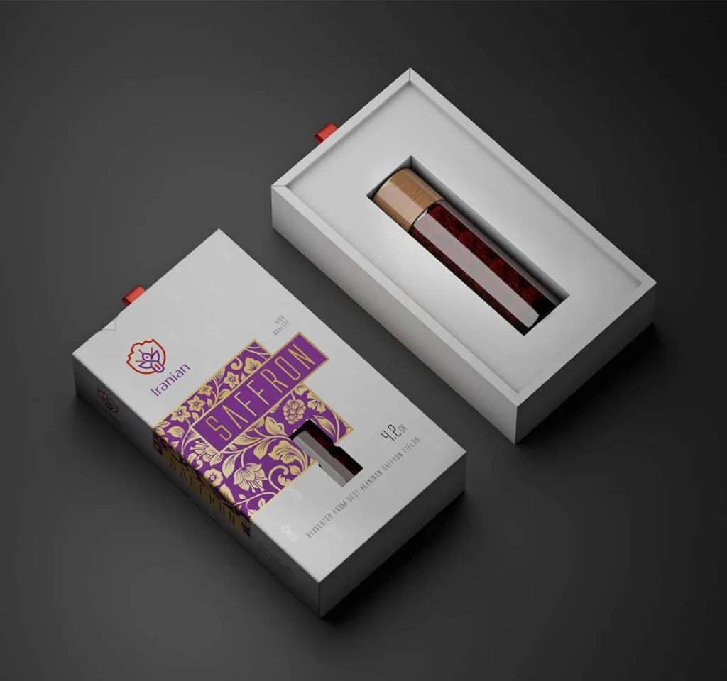 Luxury Iranian saffron packaging designed for international export markets